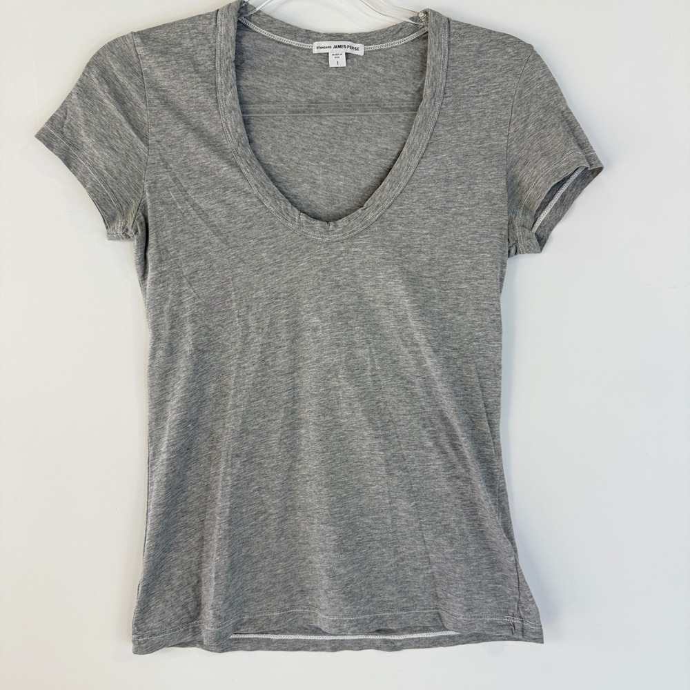 James Perse T-Shirt Women 1 Grey Deep Scoop Neck Short Sleeve WJH3566CU